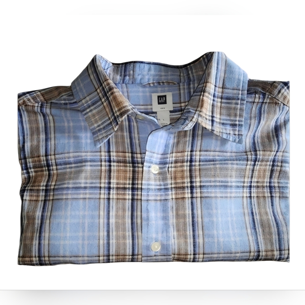 Button Down Dress Shirt. Blue Plaid , Short Sleeve.  Men's Large EUC Gap